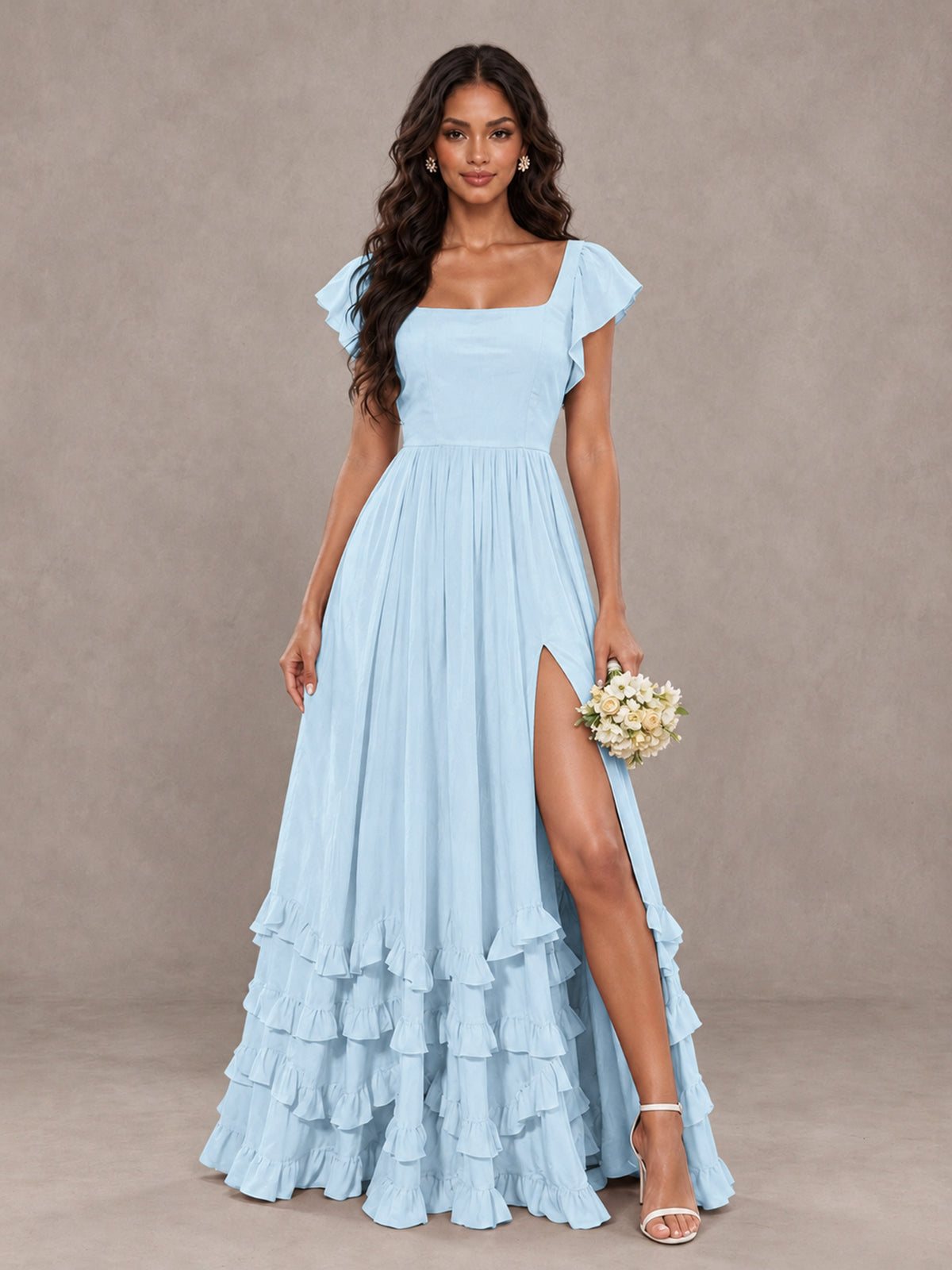 BOLODOO Light Blue Flutter Sleeve Ruffle Bridesmaid Dress with Slit - Light Blue - Light Blue (1)