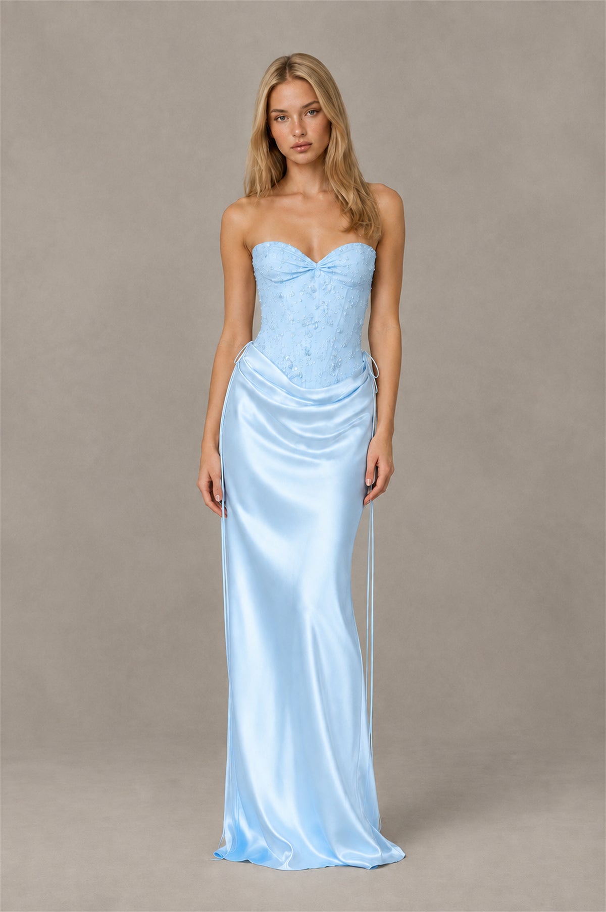 BOLODOO Light Blue Strapless Embellished Corset Satin-Look Maxi Dress - Light Blue