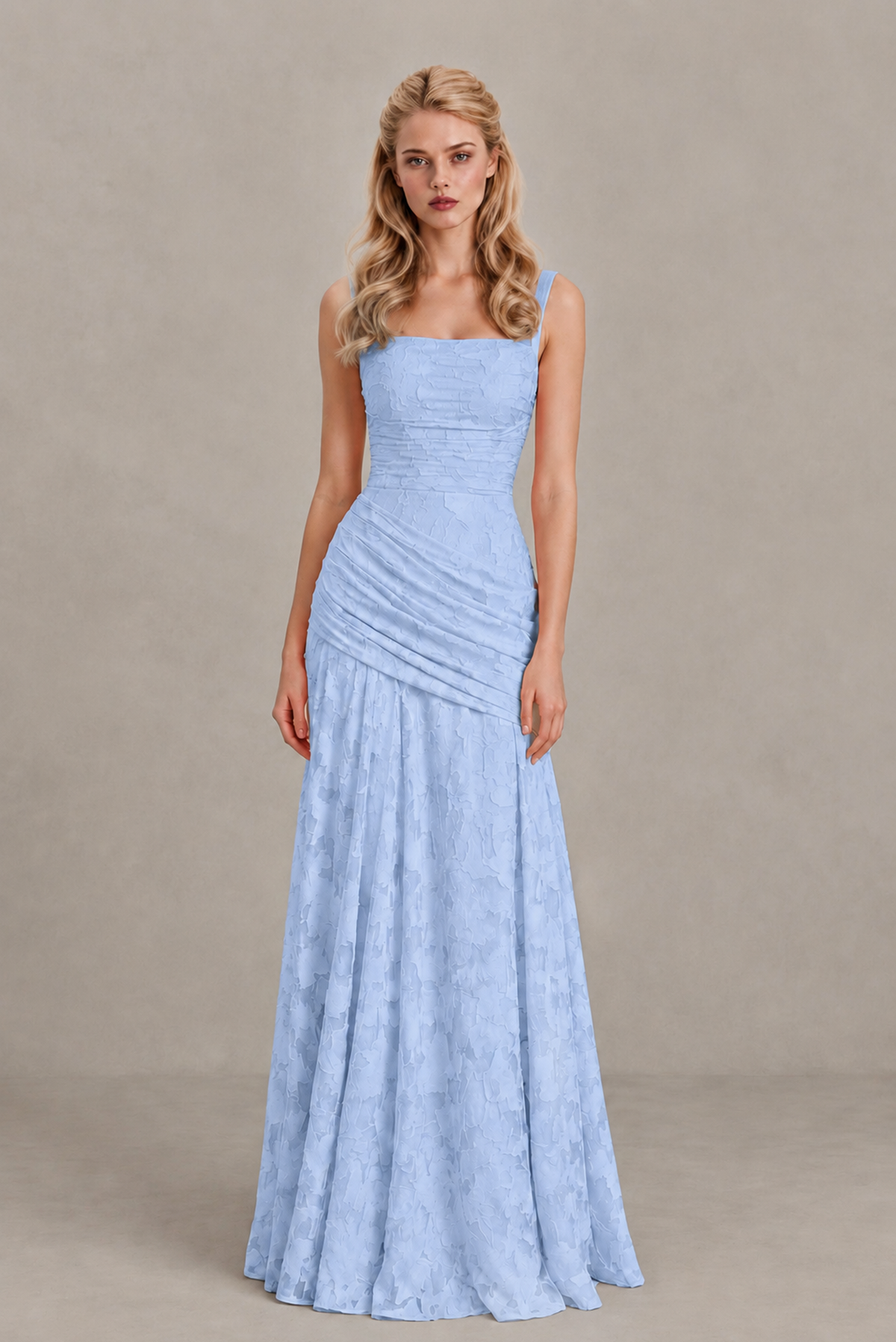 BOLODOO Light Blue Ruched Floral Maxi Dress with Lace-Up Back - Light Blue