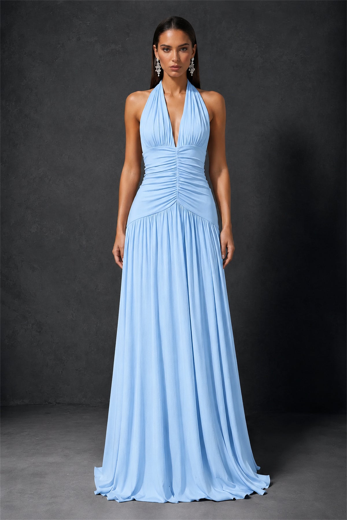 BOLODOO Light Blue Halter Deep V-Neck Ruched Chiffon Open Back Maxi Dress with Draped Neck Tie - Light Blue
