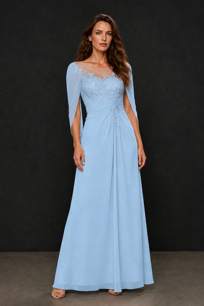 BOLODOO Light Blue Illusion Lace One-Side Cape Sleeve Beaded Chiffon Floor Length Gown | Mother of the Bride Evening Dress - Light Blue