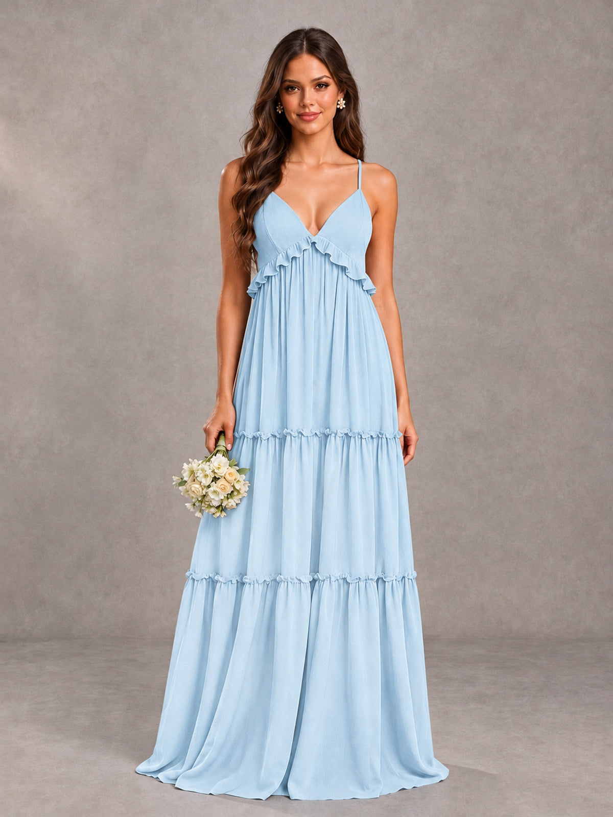 BOLODOO Light Blue Tiered V-Neck Lace-Up Back Bridesmaid Dress - Light Blue - Light Blue (1)