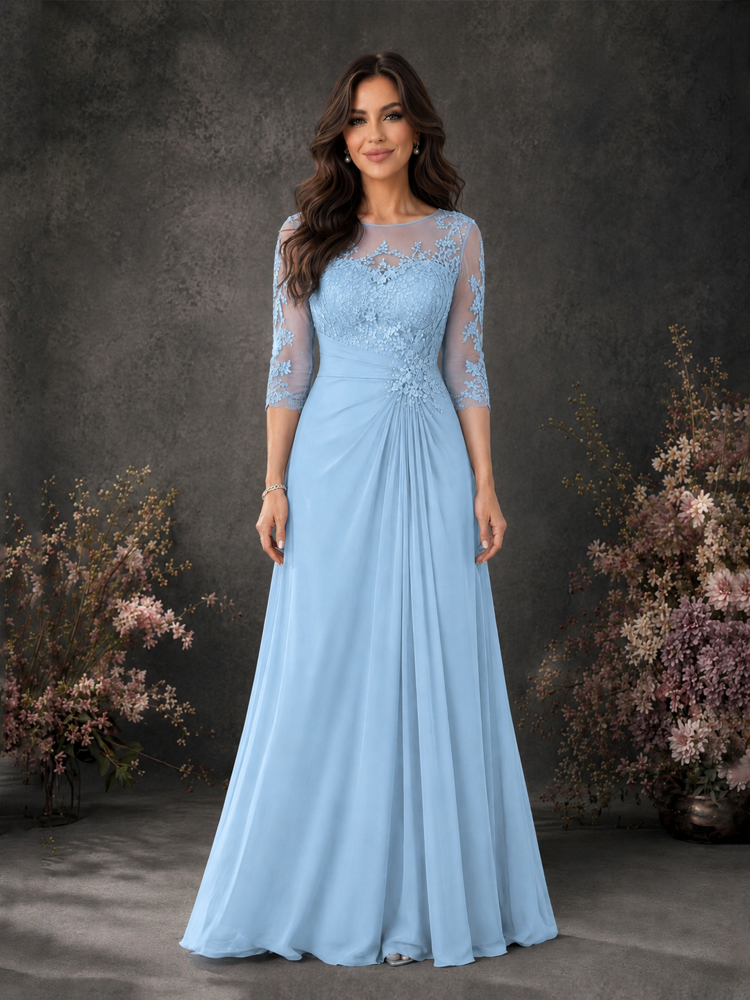 BOLODOO Light Blue Chiffon Lace Illusion Neckline 3/4 Sleeve Floor Length Formal Gown - Light Blue
