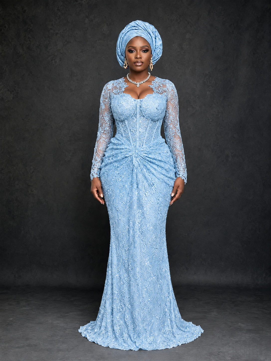BOLODOO Light Blue Beaded Lace Long Sleeve Mermaid Gown Sweetheart | Mother of the Bride - Light Blue