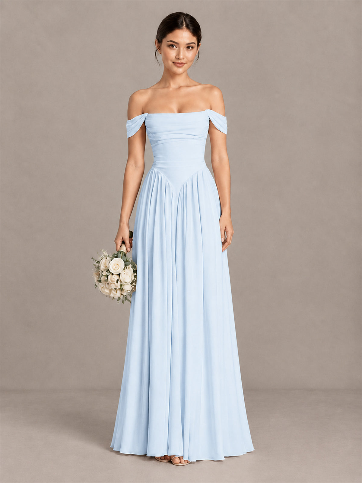 BOLODOO Light Blue Off-Shoulder Chiffon A-Line Bridesmaid Dress - Light Blue