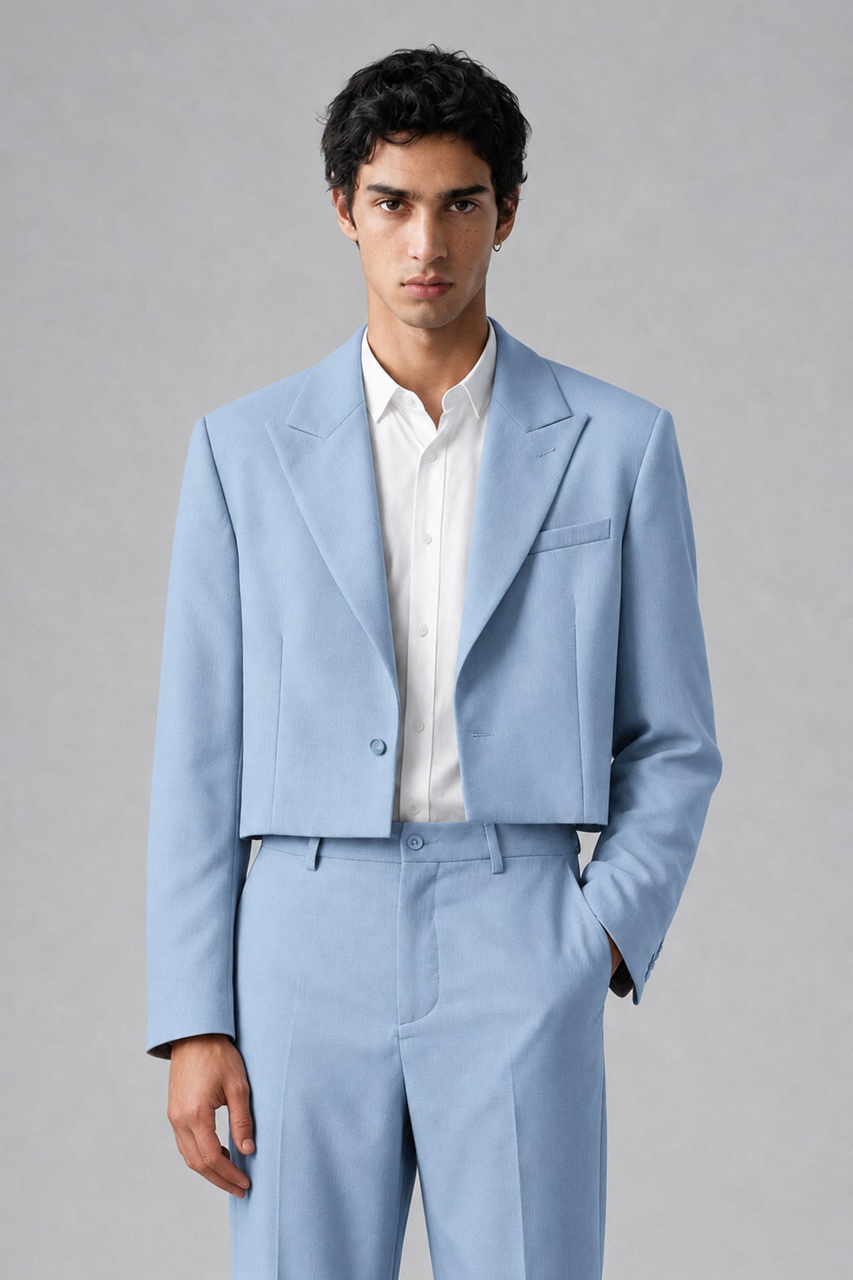 Bolodoo Men's Light Blue Cropped Blazer & Wide-Leg Trousers 2-Piece Suit - Light Blue - Light Blue (1)
