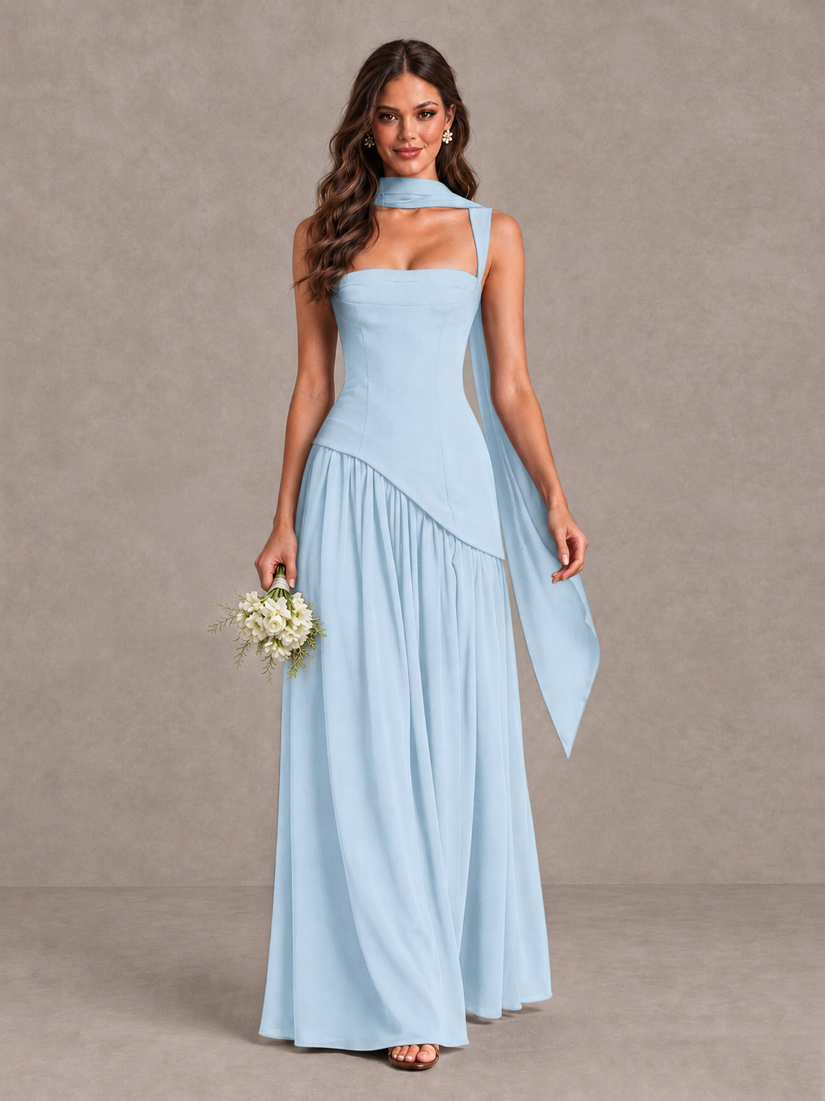 BOLODOO Light Blue Brown Scarf Bridesmaid Dress with Lace-Up Back - Light Blue - Light Blue (1)