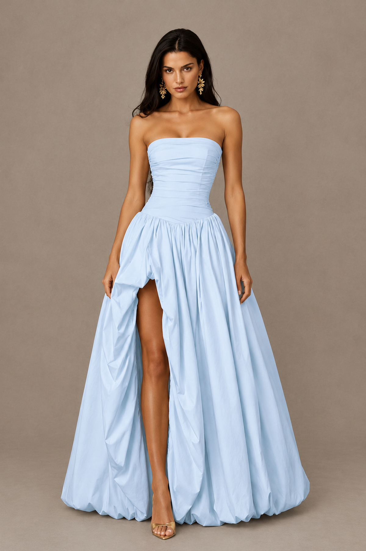 BOLODOO Light Blue Strapless Ruched Corset Lace-Up Back Bubble Skirt High Slit Taffeta Maxi Dress - Light Blue