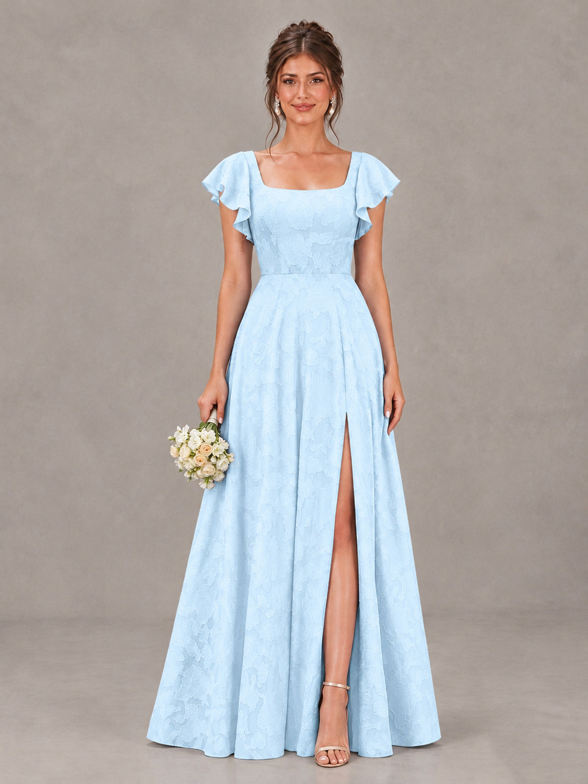 BOLODOO Light Blue Floral Flutter Sleeve Bridesmaid Dress with Slit - Light Blue - Light Blue (1)