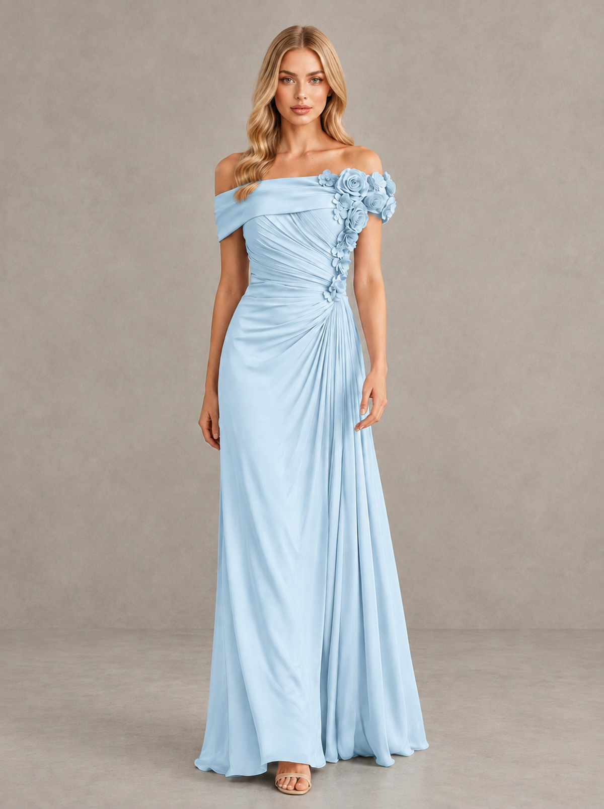 BOLODOO Light Blue Off-Shoulder Floral Applique Wedding Guest Maxi Dress - Light Blue - Light Blue (1)