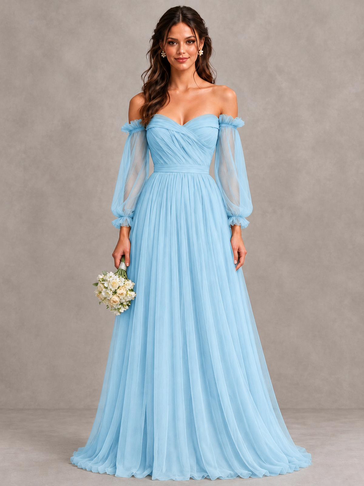 BOLODOO Light Blue Off-the-Shoulder Long Sleeve A-Line Bridesmaid Dress - Light Blue - Light Blue (1)