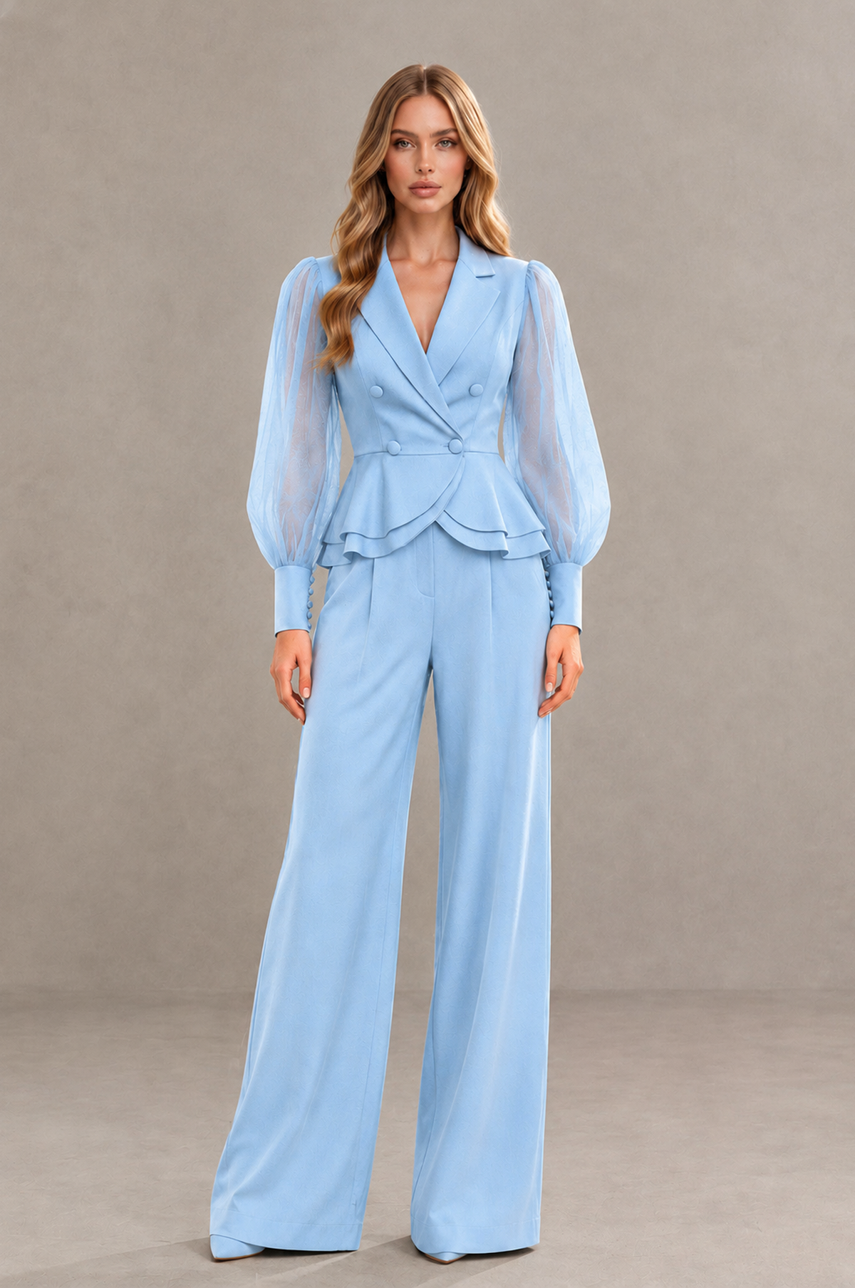 BOLODOO Mint Light Blue Peplum Blazer Wide-Leg Pantsuit with Sheer Puff Sleeves - Light Blue