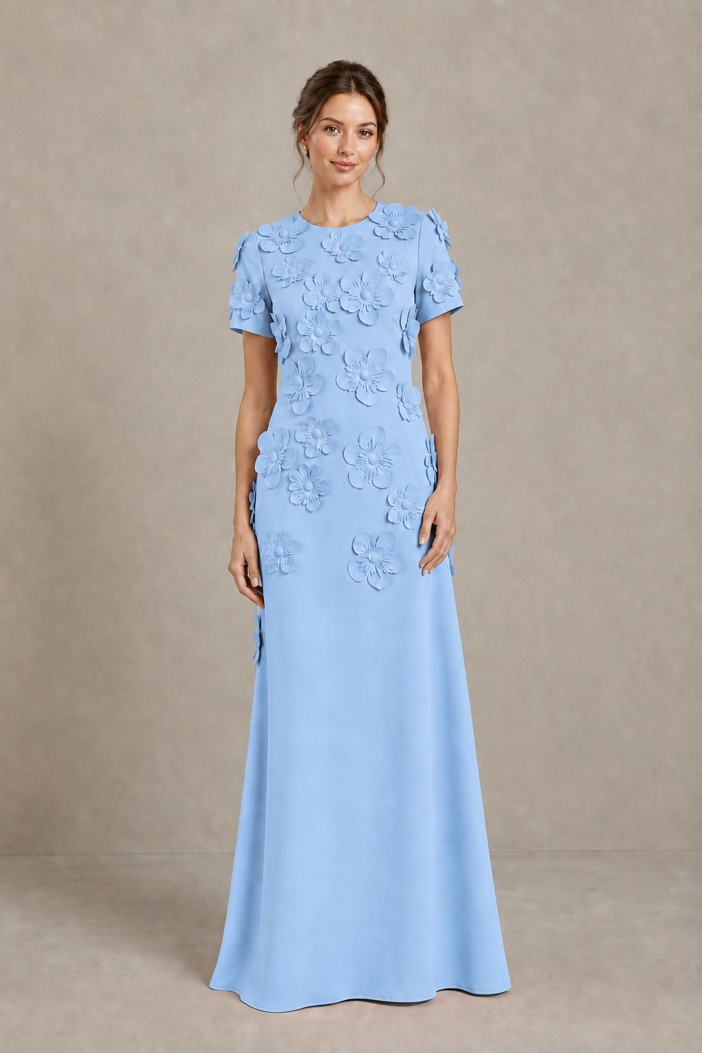 BOLODOO Light Blue Textured Floral Maxi Dress with Short Sleeves - Light Blue