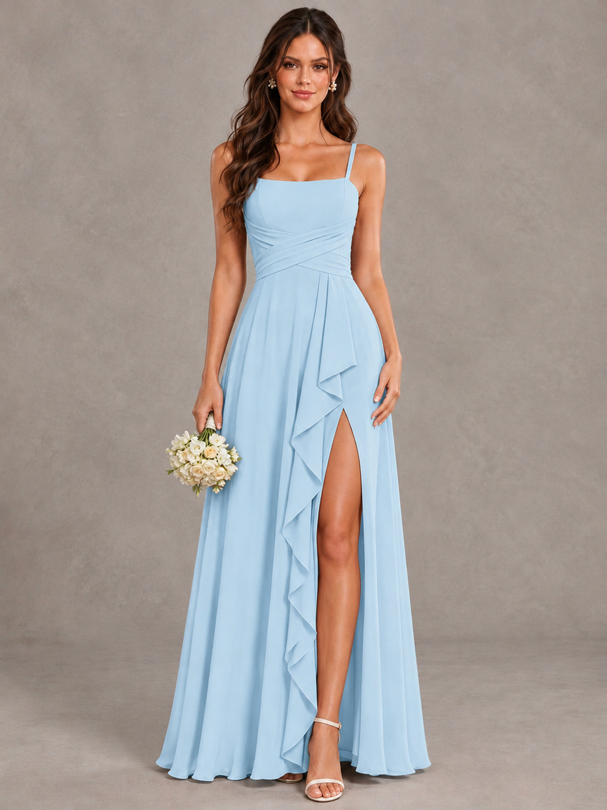BOLODOO Light Blue Spaghetti Strap Ruffle Bridesmaid Dress with Slit - Light Blue - Light Blue (1)