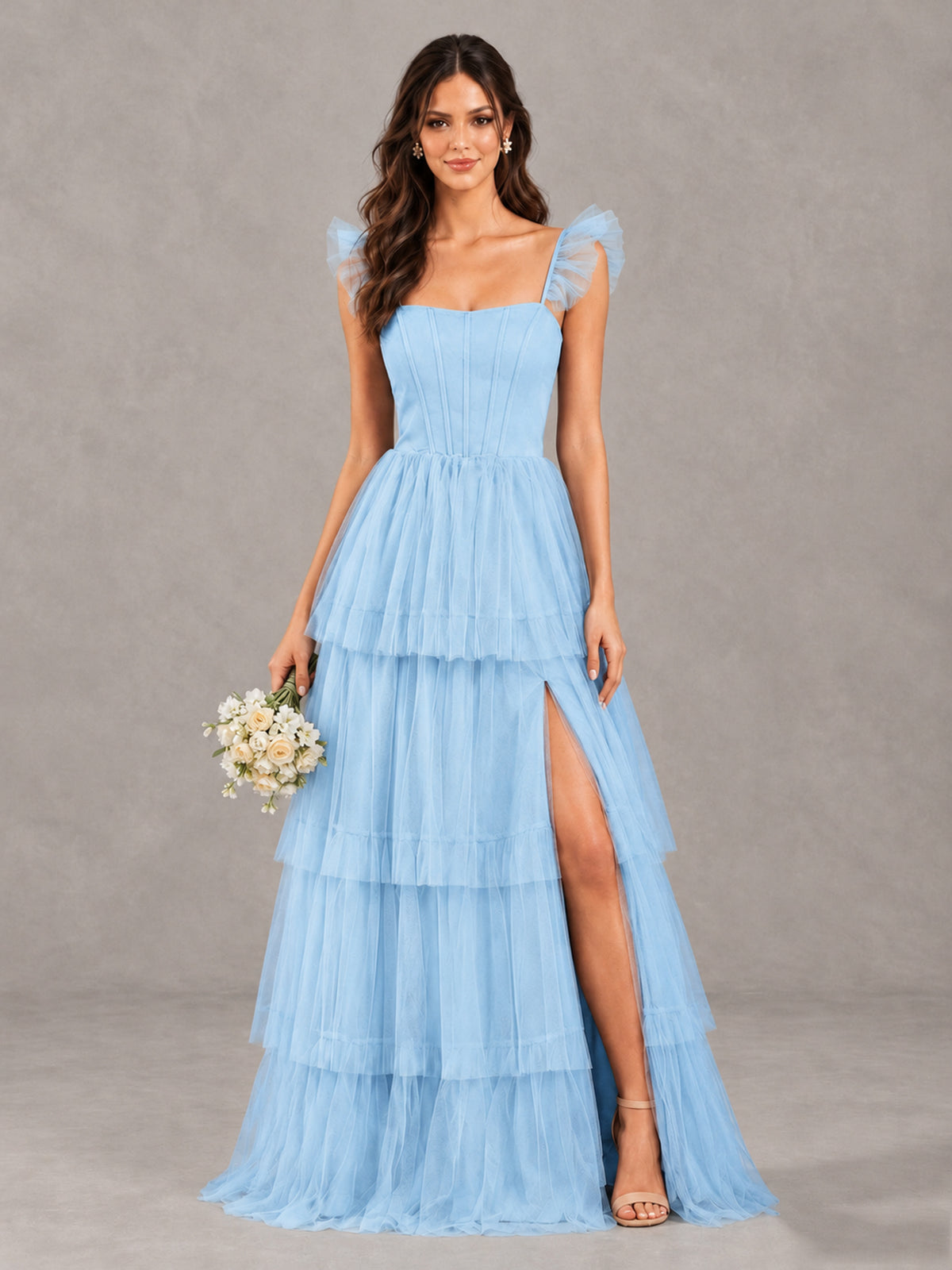 BOLODOO Light Blue Tiered Tulle Bridesmaid Dress with Slit - Light Blue - Light Blue (1)
