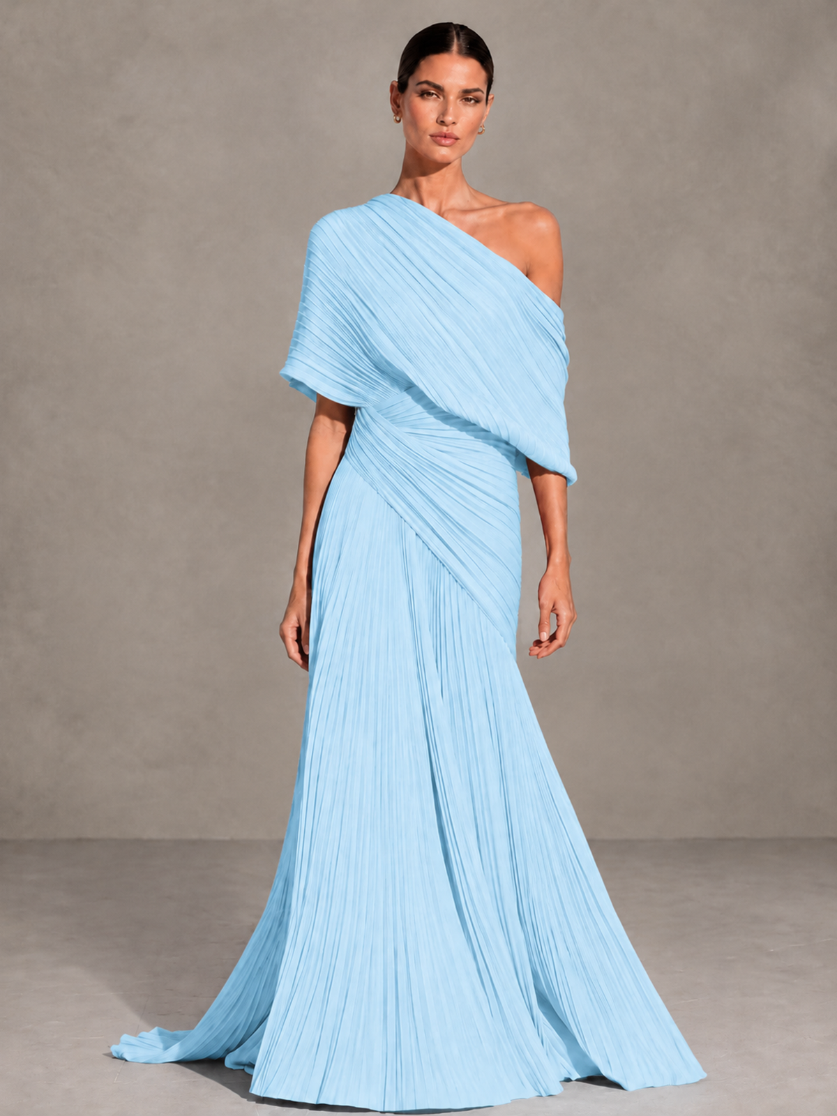 BOLODOO Light Blue One-Shoulder Pleated Cape Evening Gown with Train - Light Blue - Light Blue (1)