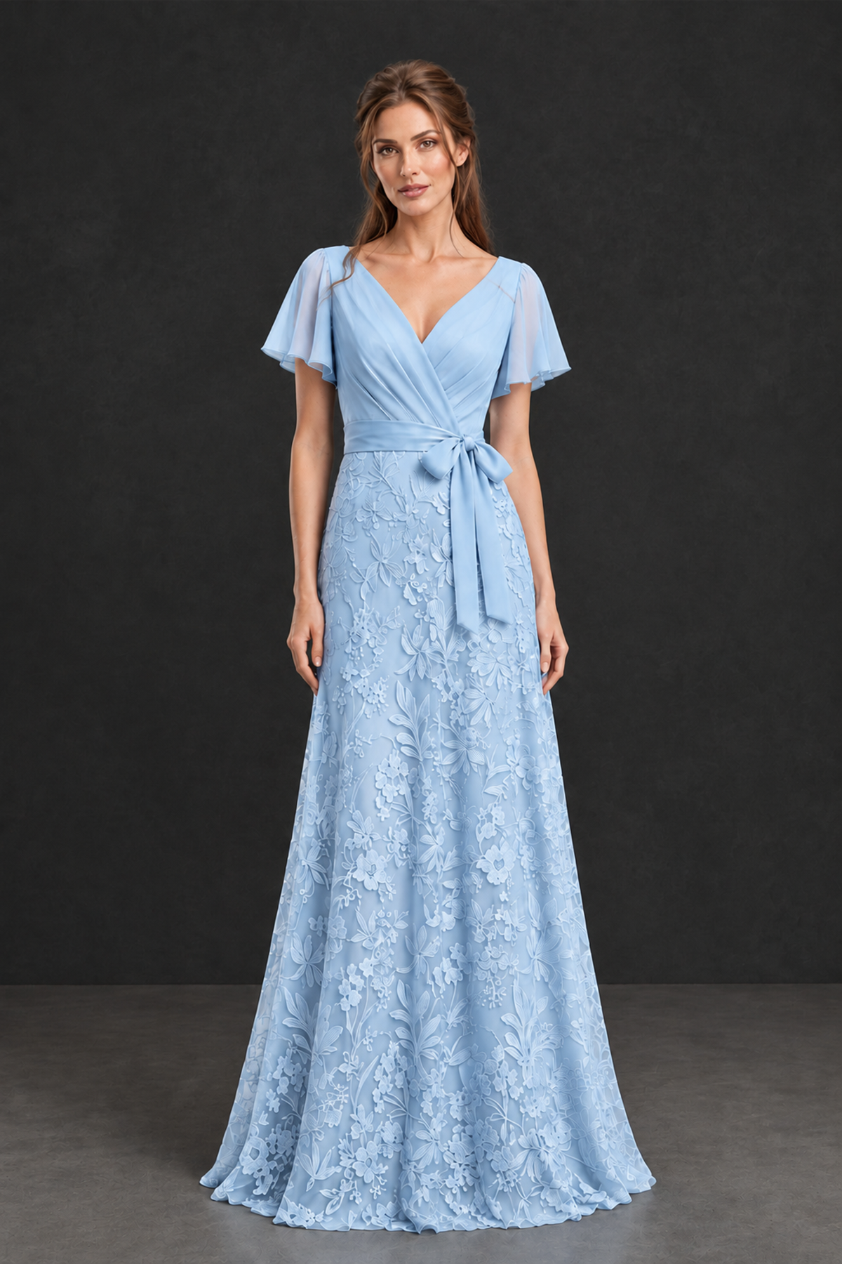 BOLODOO Light Blue Flutter Sleeve Lace Mother of the Bride Dress - Light Blue