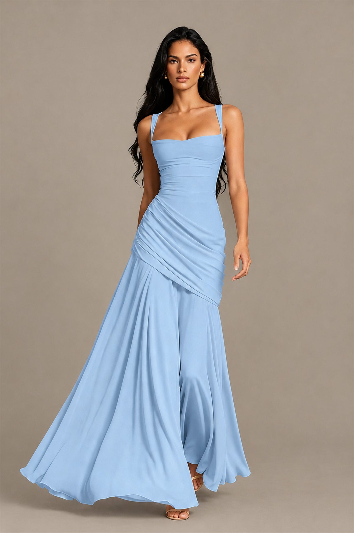 BOLODOO Square Neck Ruched A-Line Maxi Dress - Light Blue Backless Evening Gown - Light Blue