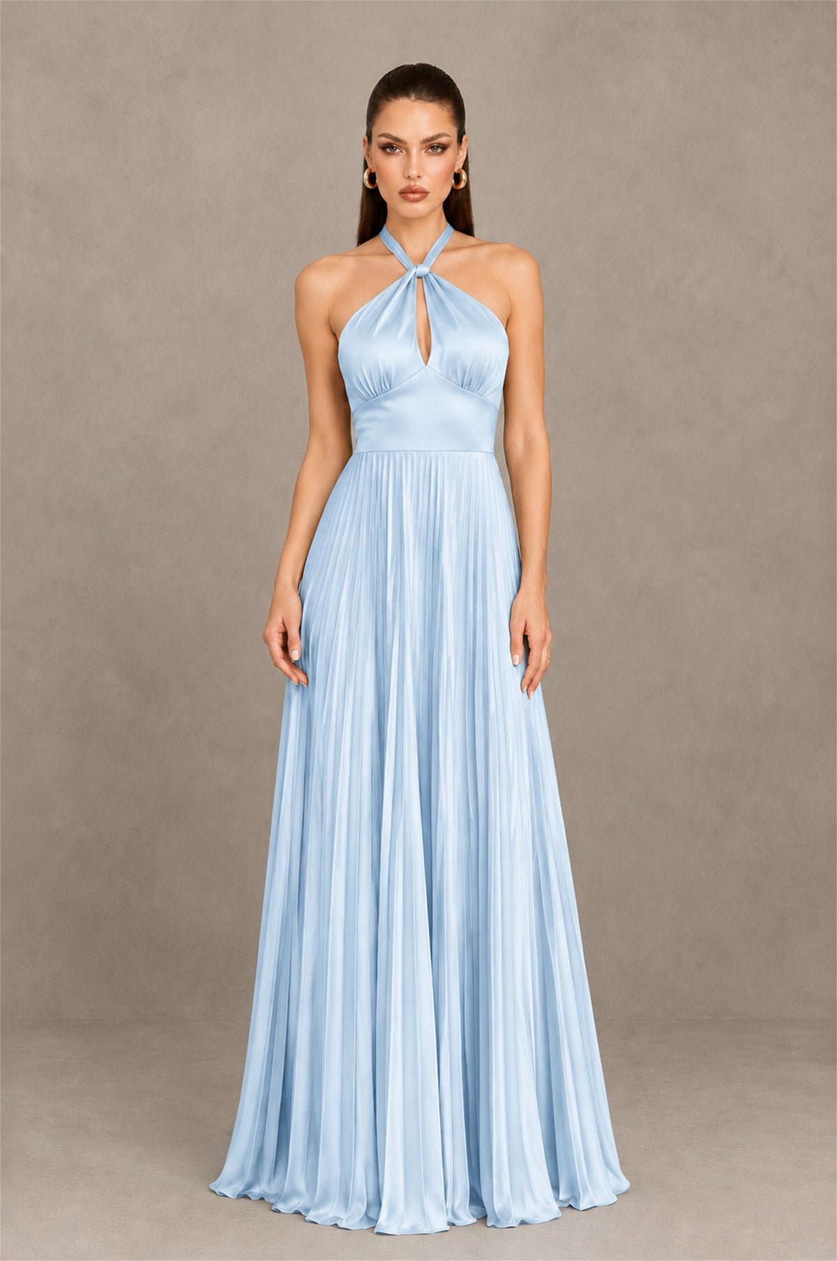 BOLODOO Light Blue Halter Pleated A-Line Evening Dress - Light Blue