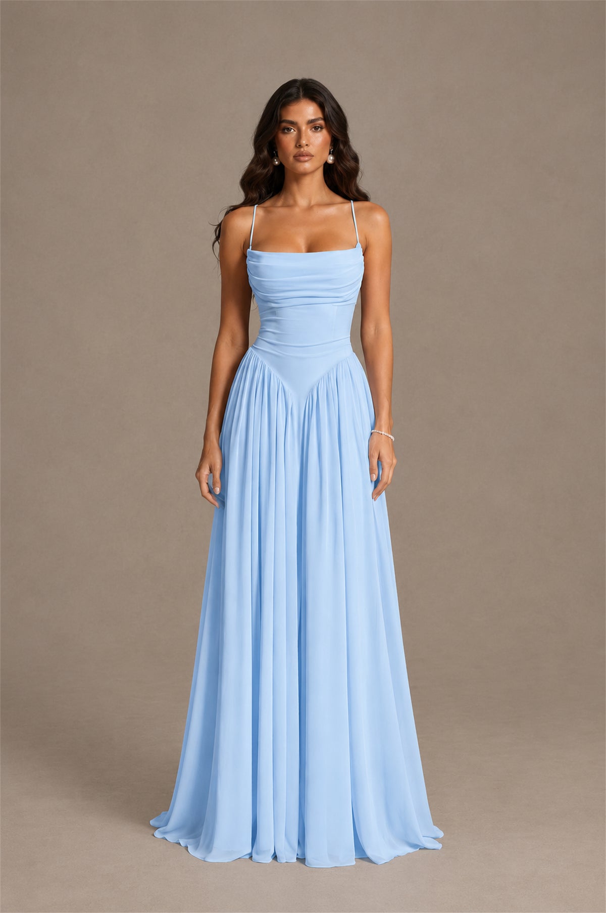 BOLODOO Light Blue Spaghetti Strap Square Neck Ruched Chiffon Maxi Dress with Lace-Up Back - Light Blue