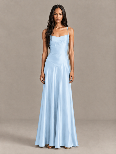 BOLODOO Light Blue Satin Lace-Up Back Maxi Dress - Light Blue