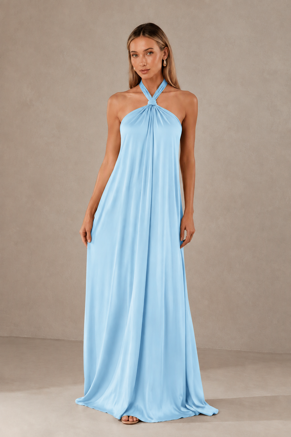 BOLODOO Light Blue Backless Halter Satin Bridesmaid Dress - Light Blue