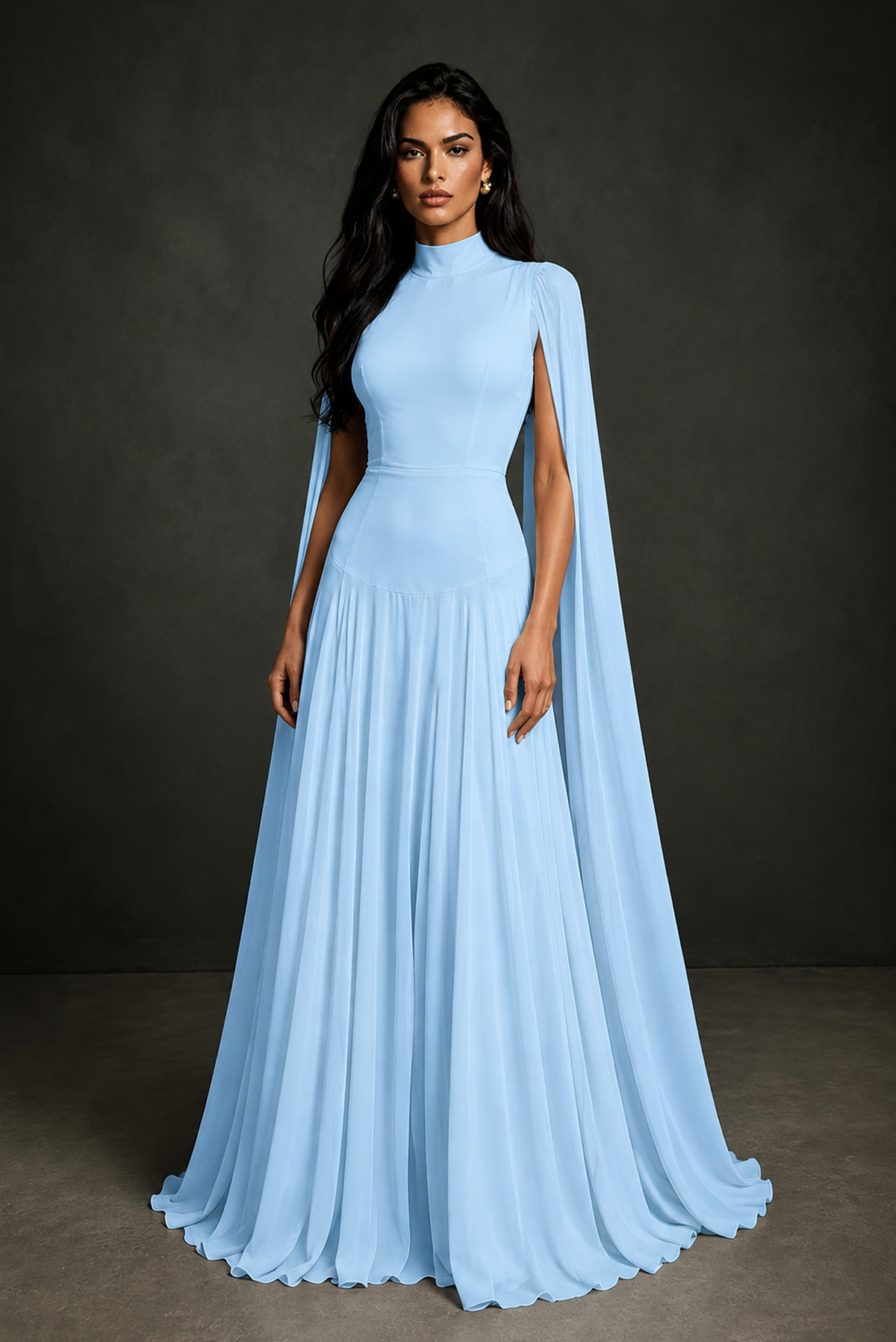 BOLODOO Light Blue Mock Neck Cape Sleeve A-Line Chiffon Maxi Dress - Light Blue