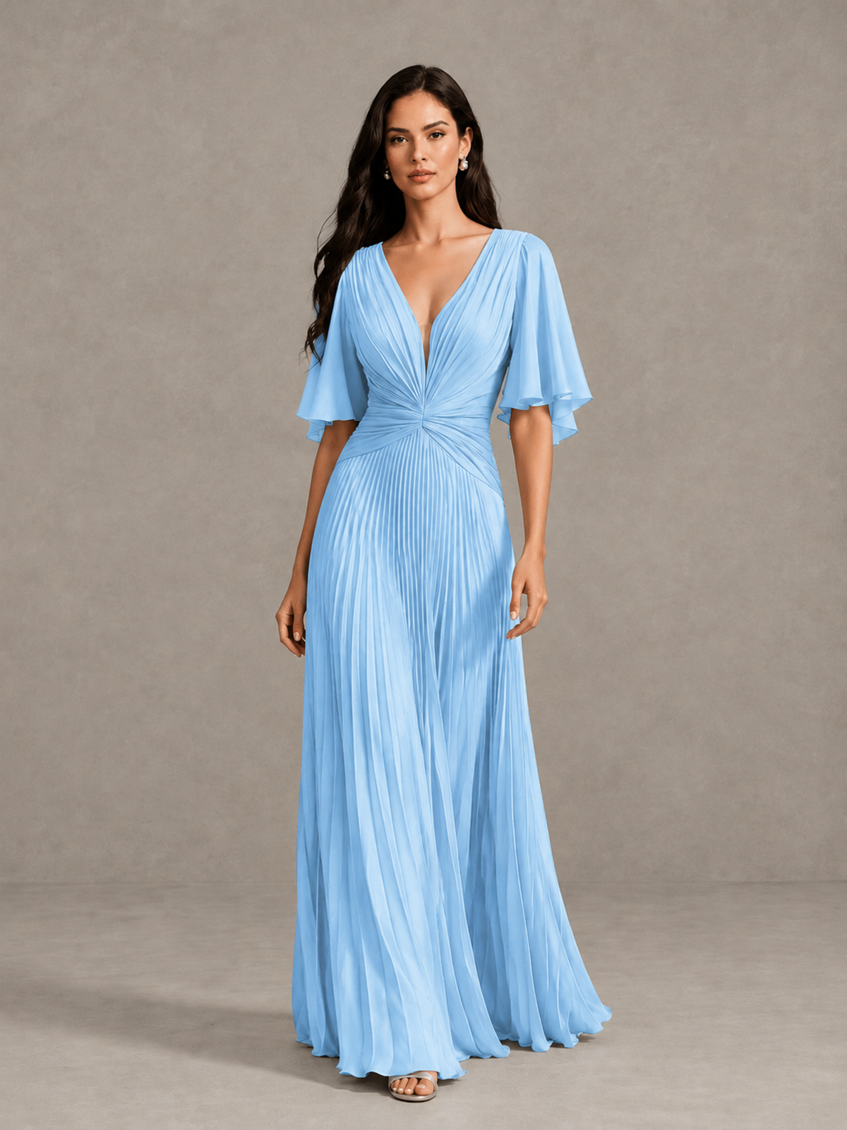 BOLODOO Light Blue Pleated V-Neck Flutter Sleeve Bridesmaid Dress - Light Blue - Light Blue (1)