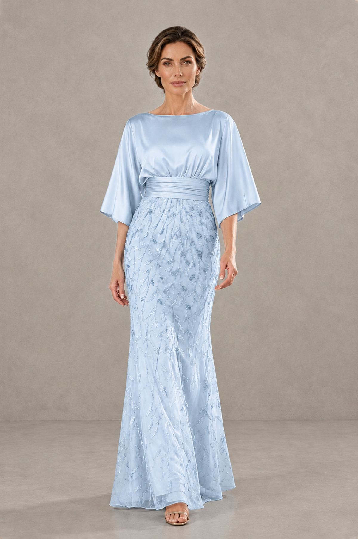 BOLODOO Light Blue Mother of the Bride Dress with Kimono Sleeves, Satin Bodice & Sequin Embroidered Mermaid Floor-Length Gown - Light Blue - Light Blue (1)