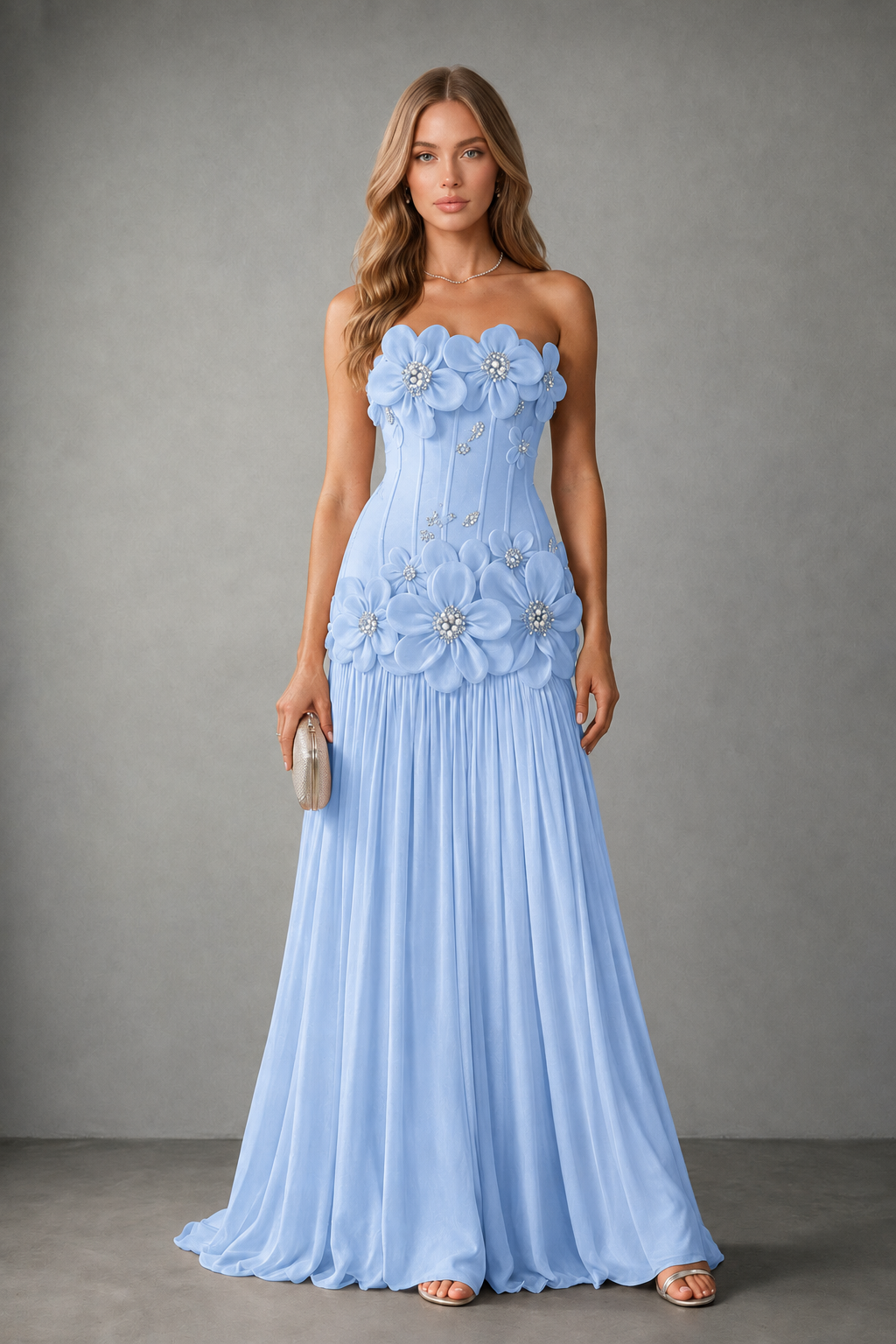 BOLODOO Light Blue Strapless Floral Appliqué Evening Gown - Light Blue