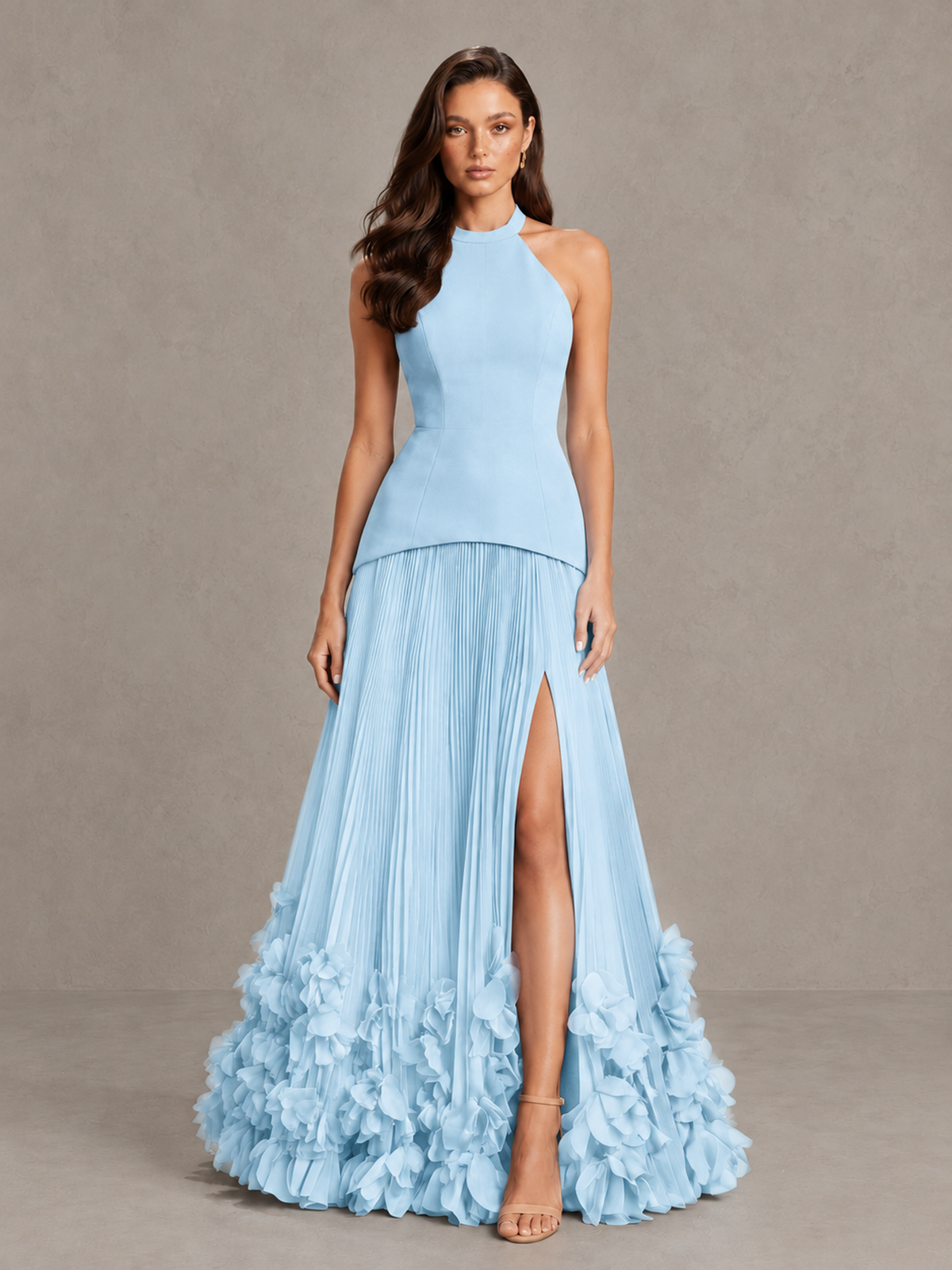 BOLODOO Light Blue Halter Neck Floor-Length Evening Gown with High Slit & 3D Floral Hem - Light Blue - Light Blue (1)