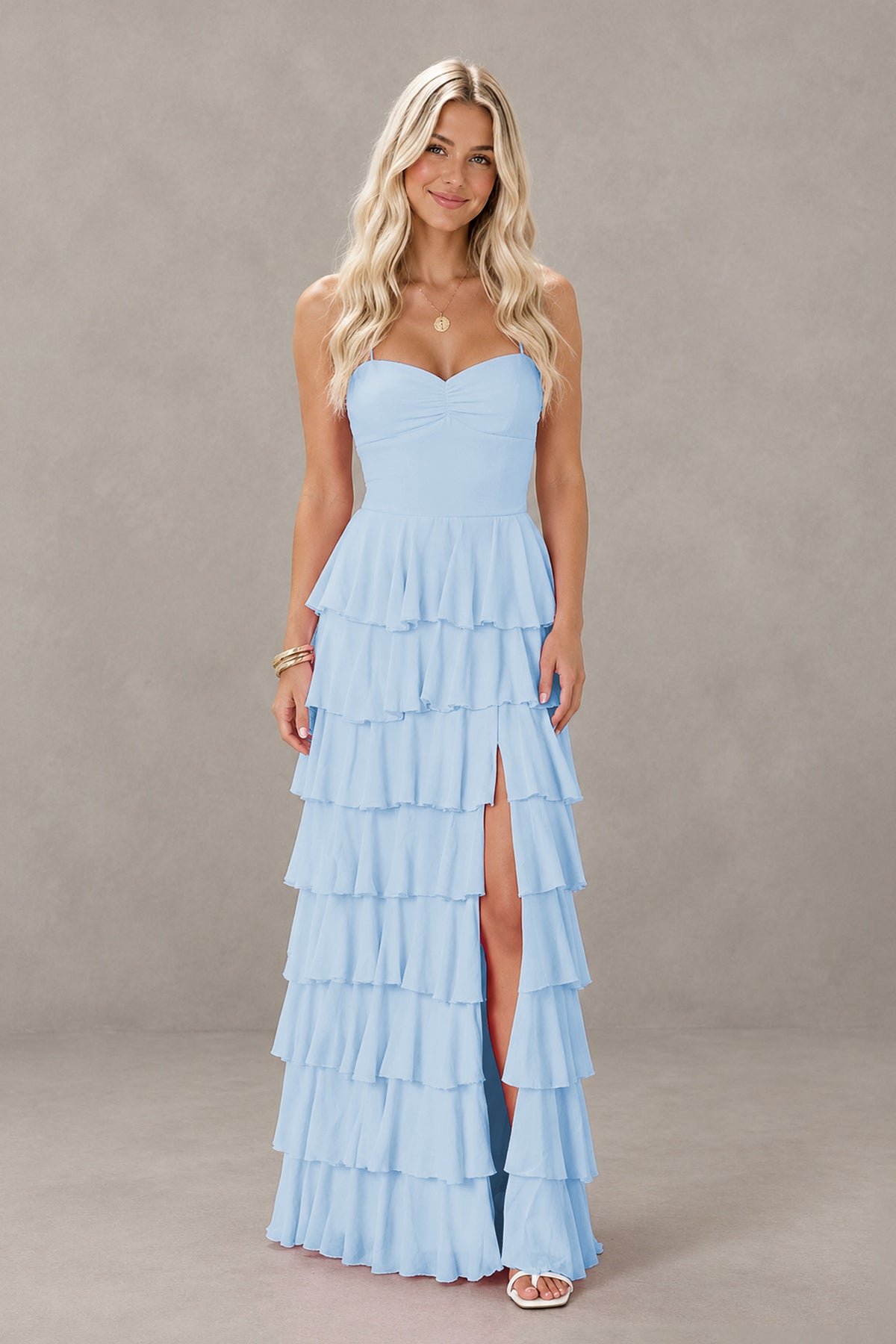 BOLODOO Light Blue Strapless Tiered Ruffle Maxi Dress with Slit & Lace-Up Back - Light Blue