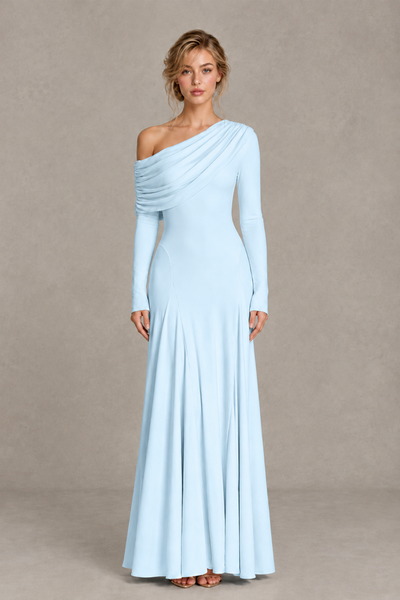 BOLODOO Light Blue Asymmetric Draped Long Sleeve Evening Gown - Light Blue