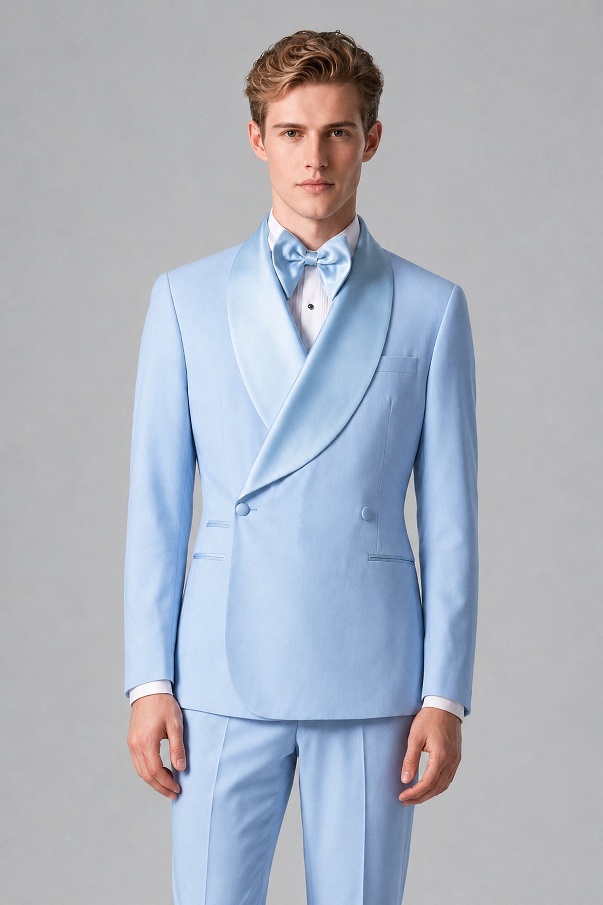 Bolodoo Men's Light Blue Shawl Lapel 2-Piece Tuxedo Suit – Jacket & Trousers - Light Blue - Light Blue (1)