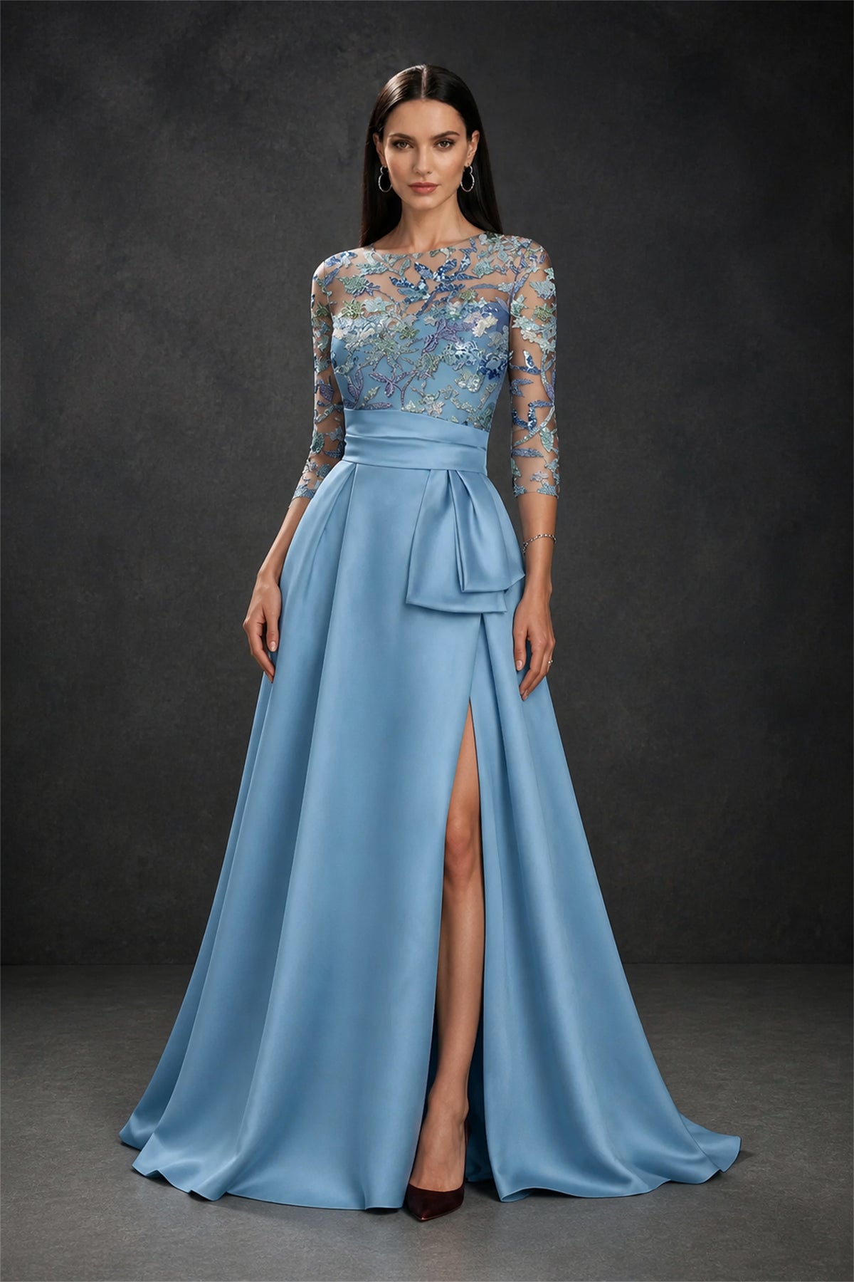 BOLODOO Light Blue 3/4 Sleeve Sequin Illusion Bodice Satin A-Line Gown with Front Slit - Light Blue