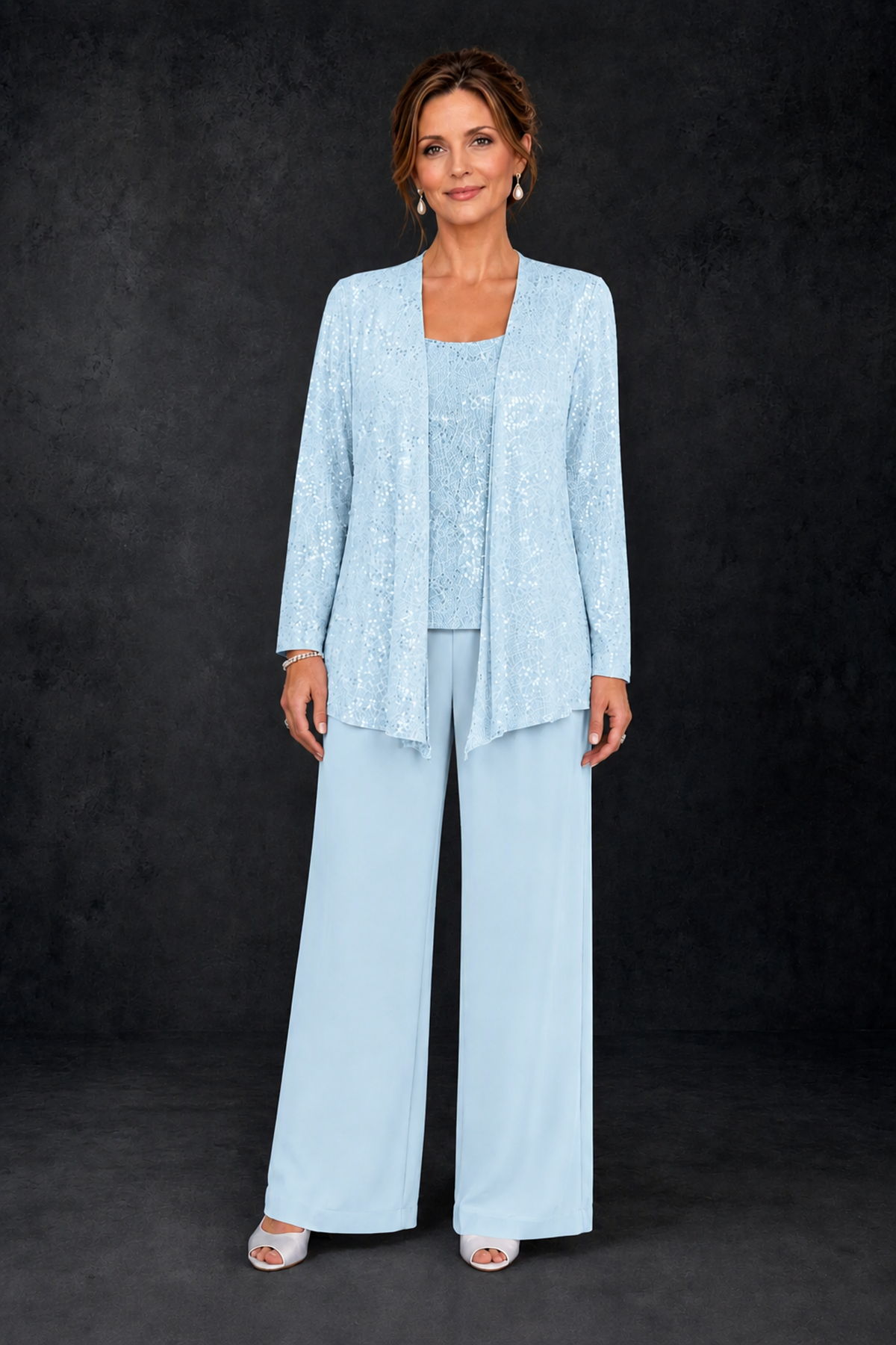BOLODOO Light Blue Sequin Lace 3-Piece Pant Suit with Long Sleeve Jacket - Light Blue - Light Blue (1)