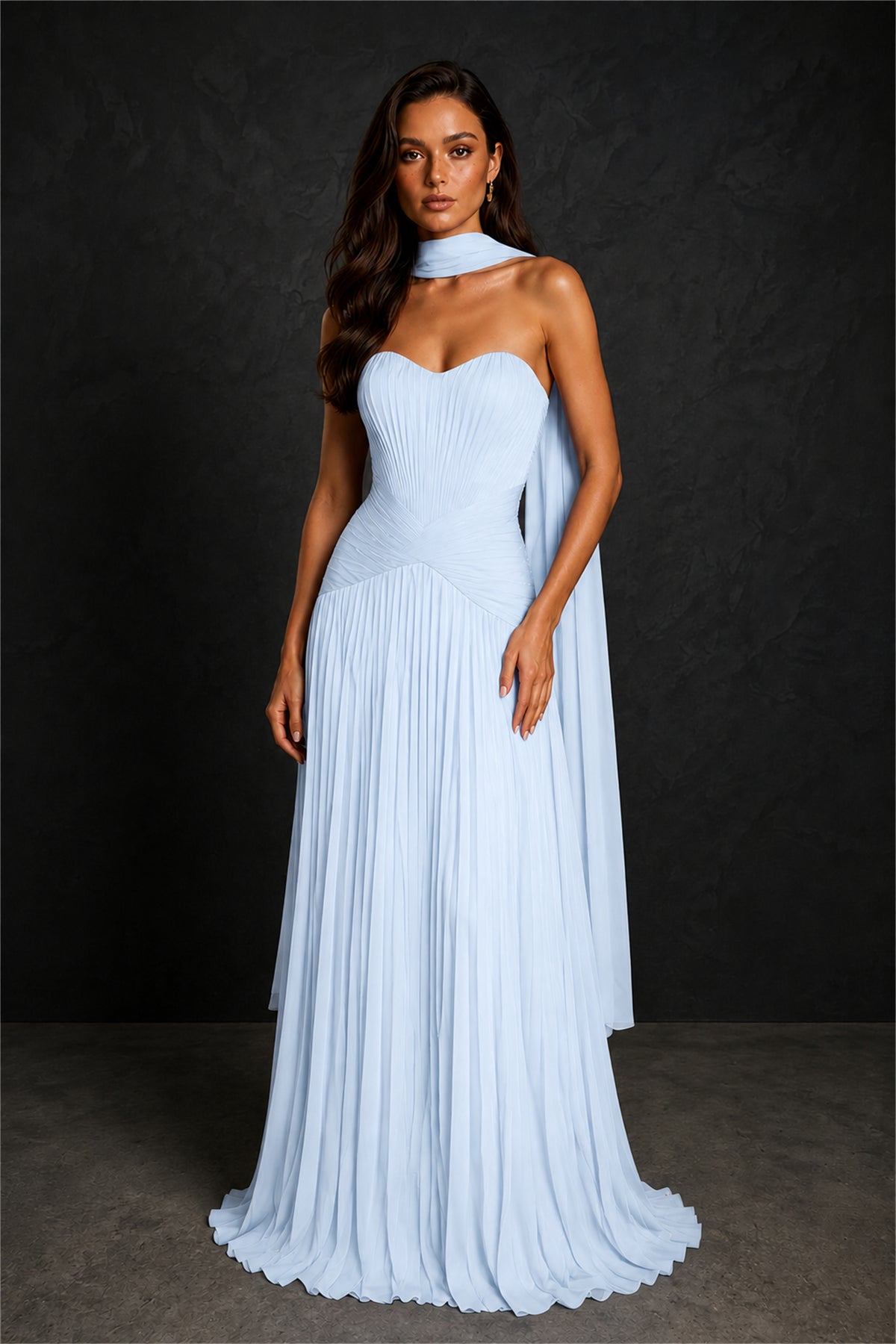BOLODOO Light Blue Sweetheart Strapless Neck Scarf Pleated Backless A-Line Chiffon Maxi Dress - Light Blue