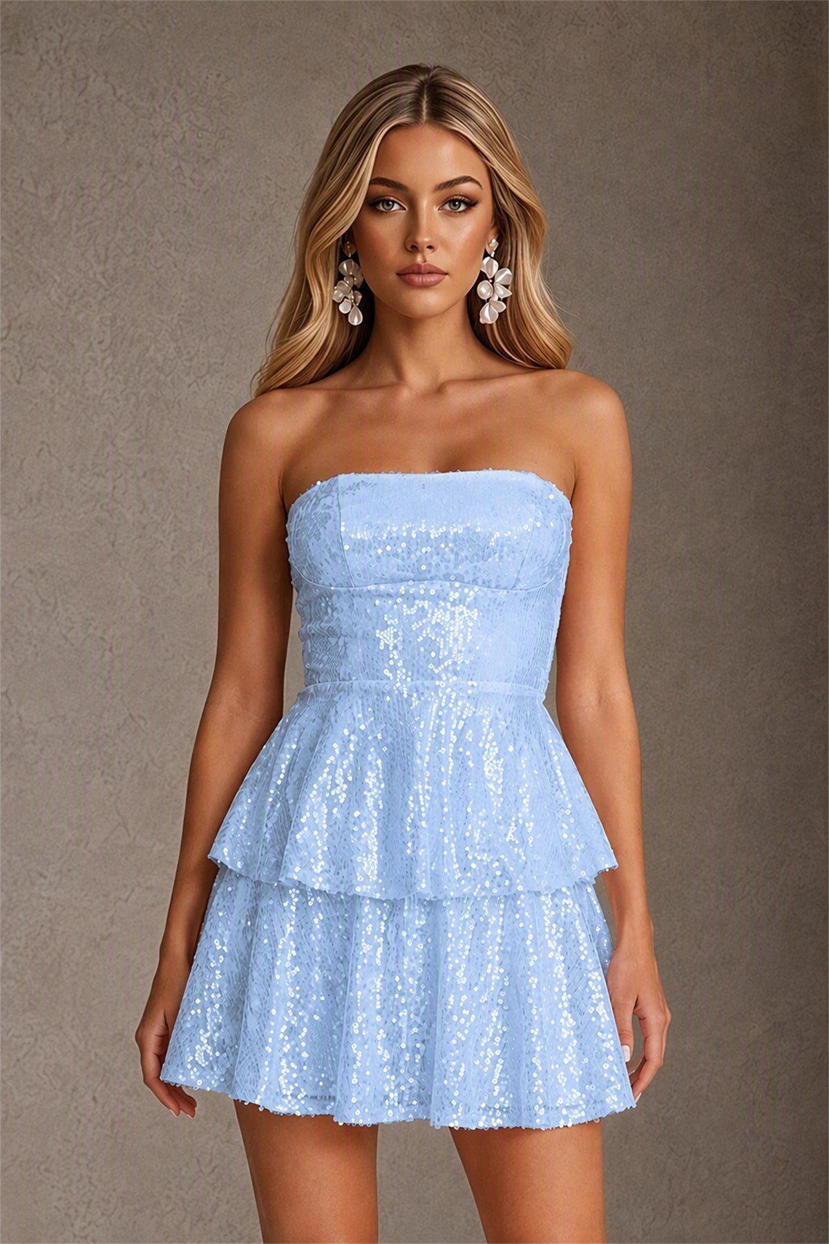 BOLODOO Light Blue Iridescent Sequin Strapless Open Back Bow Tiered Mini Dress | Aurora Sequin Ruffle Party Dress - Light Blue