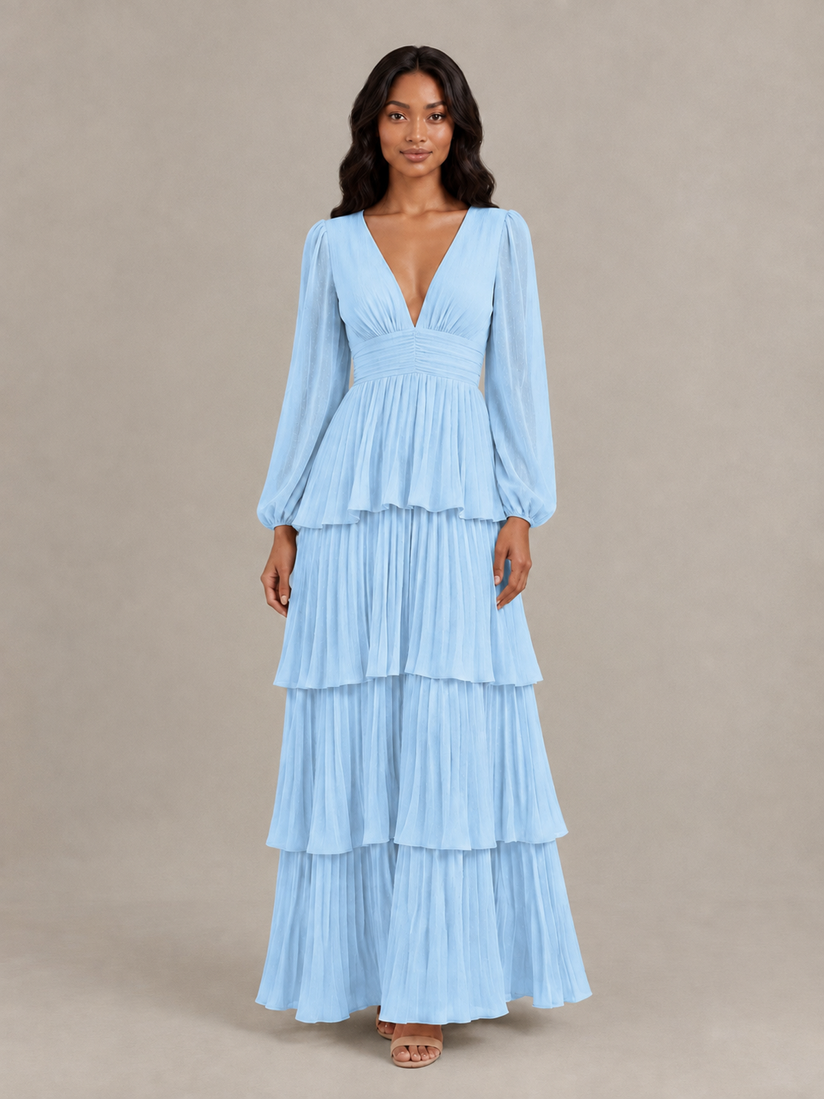 BOLODOO Light Blue Long-Sleeve Tiered Maxi Dress with Deep V-Neck - Light Blue