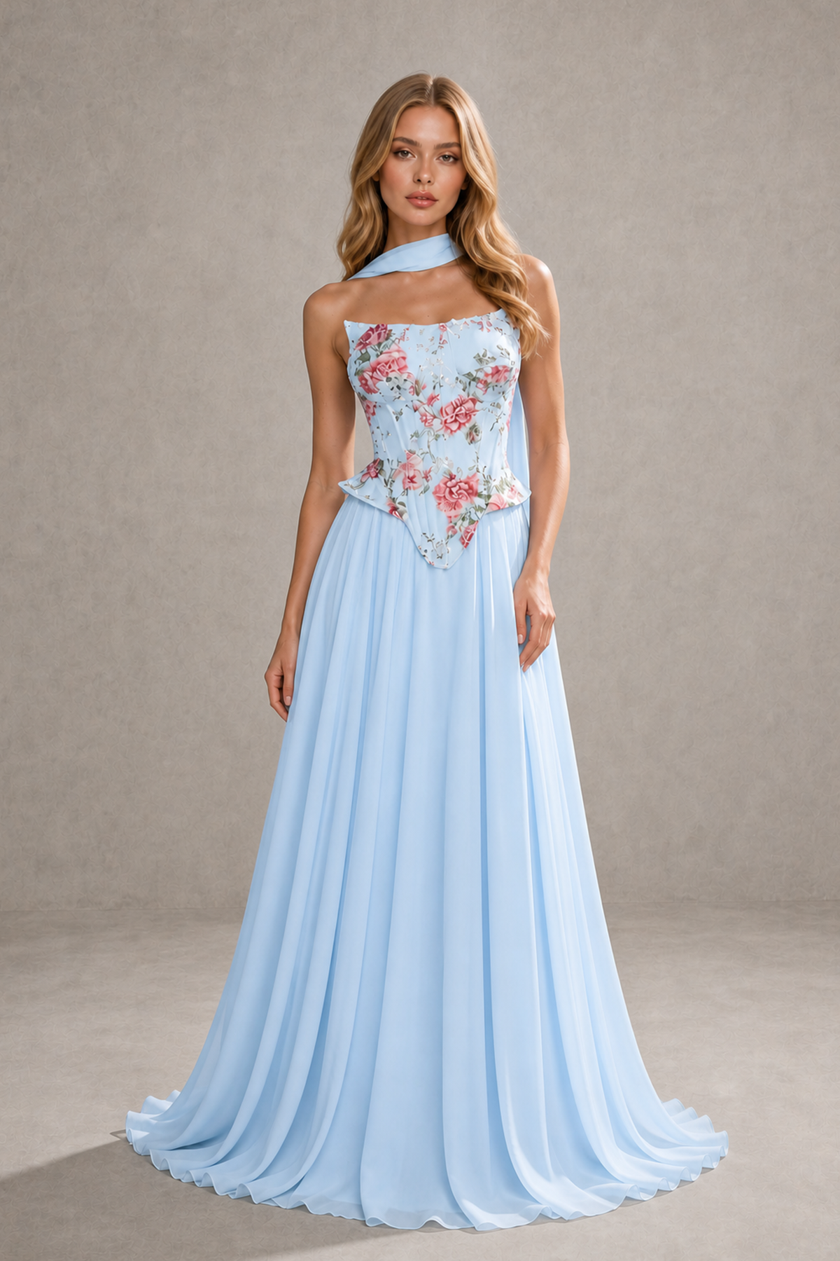 Light Blue Floral Embroidered Corset Halter Neck Open Back Chiffon Maxi Gown - Light Blue