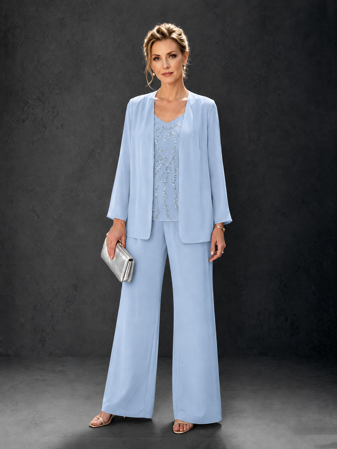BOLODOO Light Blue 3-Piece Mother of the Bride Pant Suit with Beaded Top & Chiffon Jacket - Light Blue