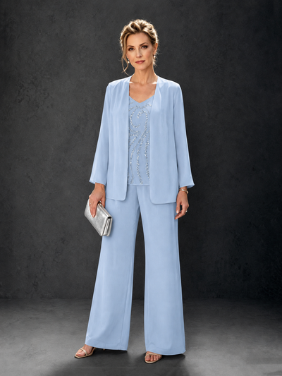 BOLODOO Light Blue 3-Piece Mother of the Bride Pant Suit with Beaded Top & Chiffon Jacket - Light Blue