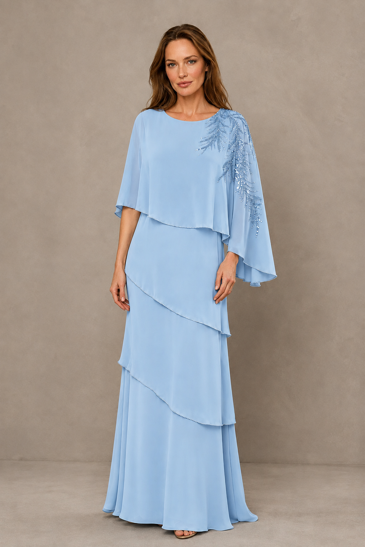BOLODOO Light Blue Mocha Asymmetric Cape Sleeve Light Blue Sequin Embroidered Pearl Trim Tiered Chiffon Gown - Light Blue