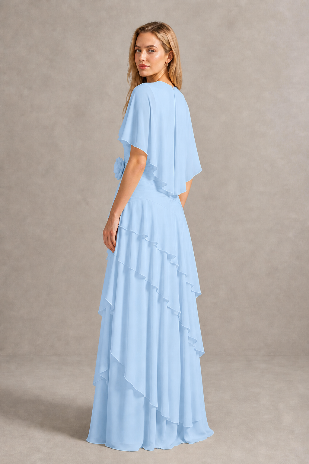 BOLODOO Light Blue Chiffon Flutter Sleeve Tiered Maxi Dress with 3D Rosette - Light Blue