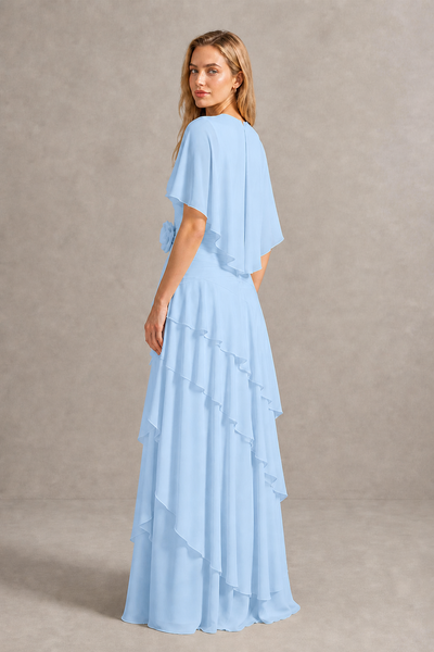 BOLODOO Light Blue Chiffon Flutter Sleeve Tiered Maxi Dress with 3D Rosette - Light Blue
