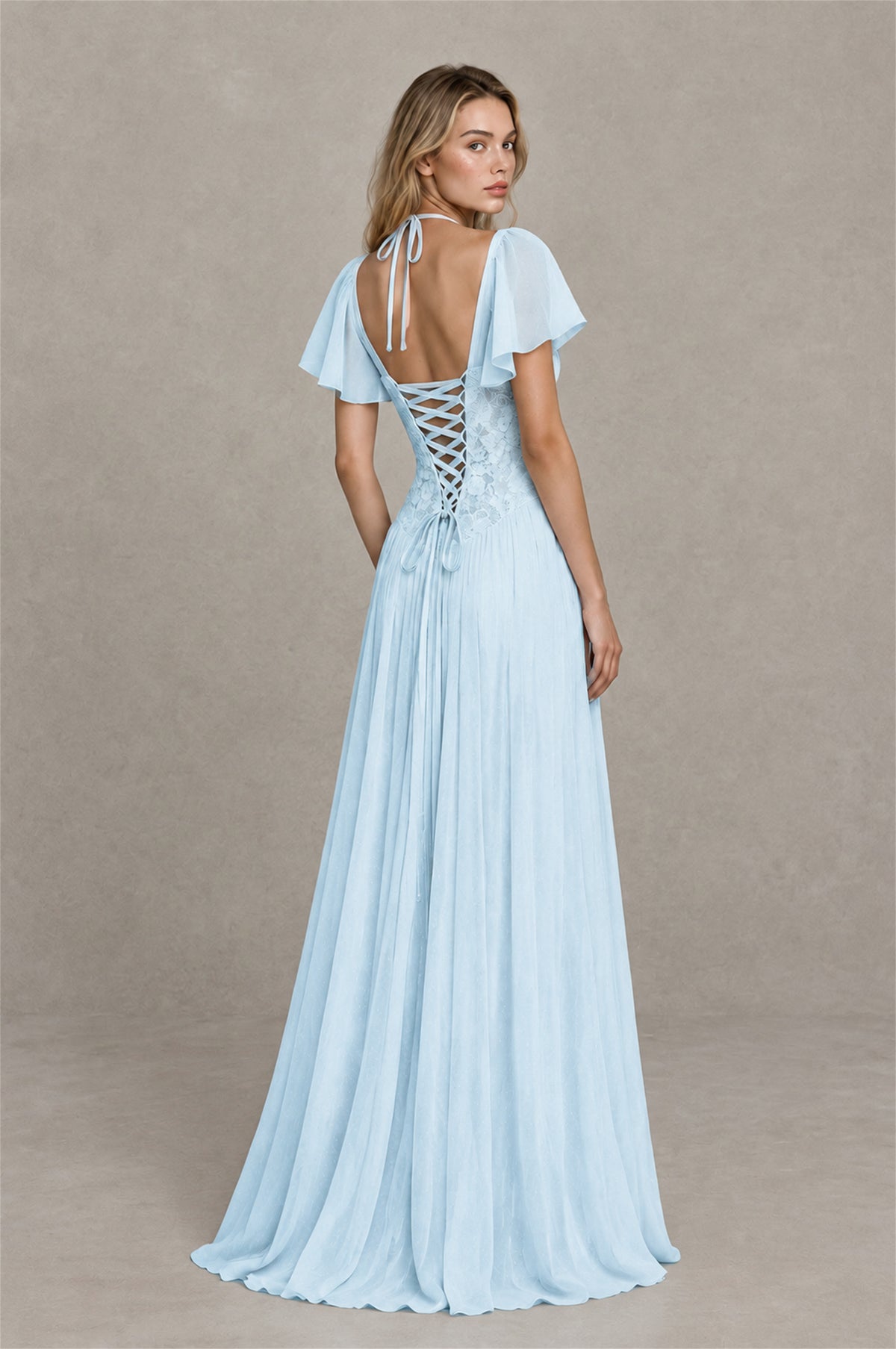 BOLODOO Light Blue Flutter Sleeve Lace Corset A-Line Maxi Dress - Light Blue - Light Blue (2)