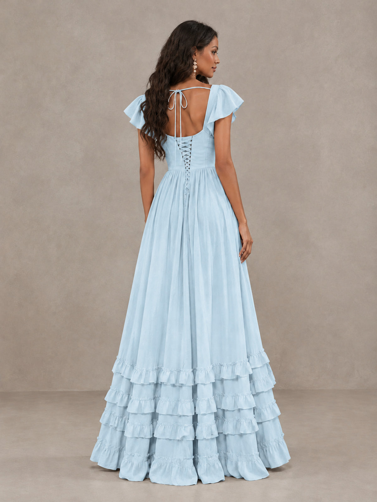 BOLODOO Light Blue Flutter Sleeve Ruffle Bridesmaid Dress with Slit - Light Blue - Light Blue (2)