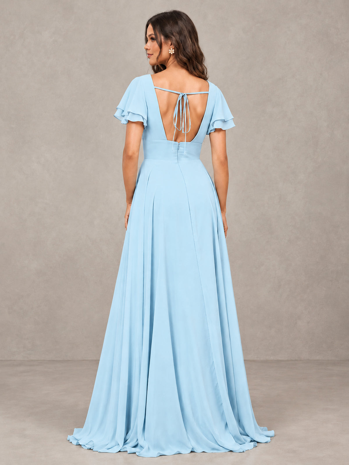 BOLODOO Light Blue Flutter Sleeve Chiffon A-Line Maxi Bridesmaid Dress with Open Back & Slit - Light Blue - Light Blue (2)