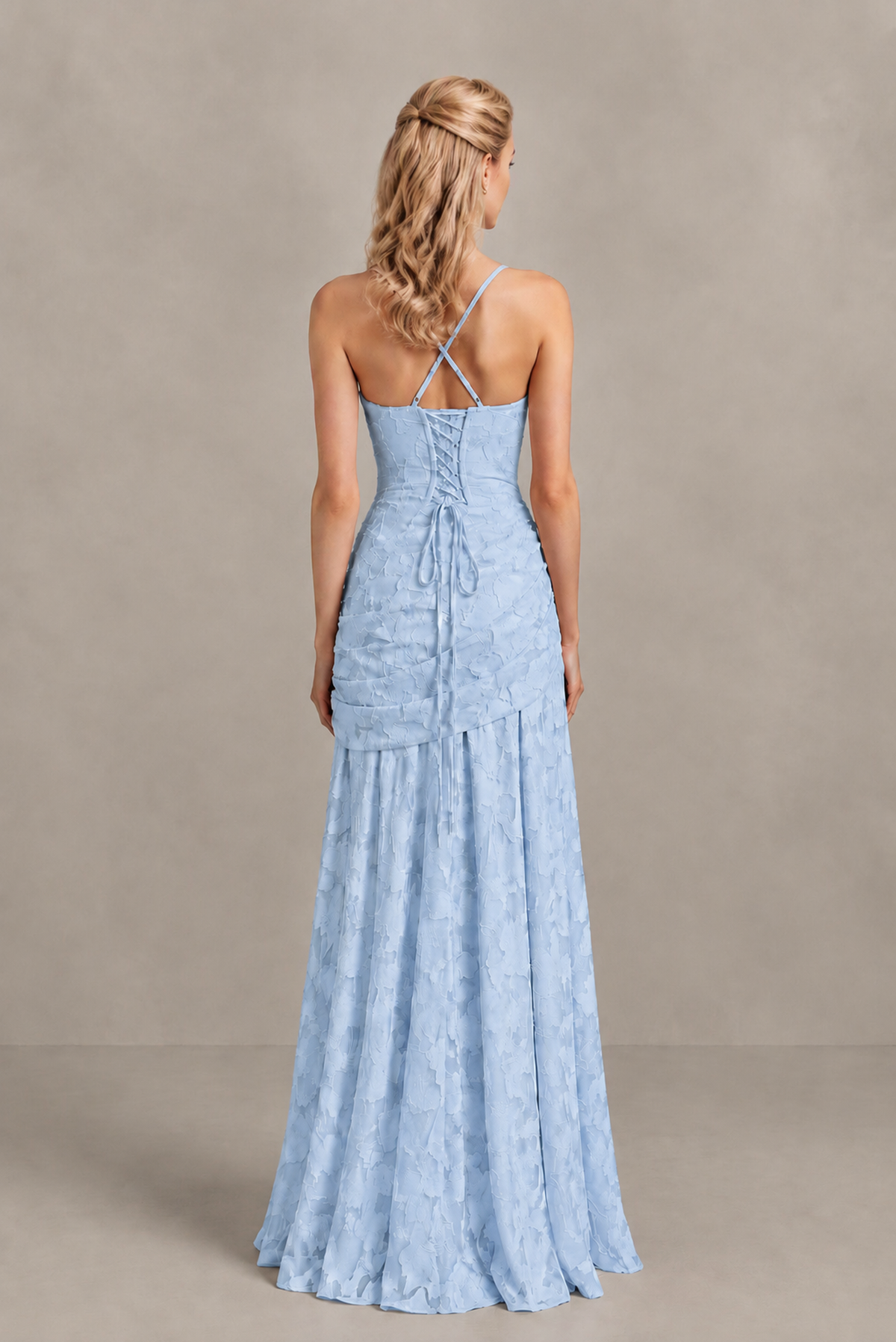 BOLODOO Light Blue Ruched Floral Maxi Dress with Lace-Up Back - Light Blue