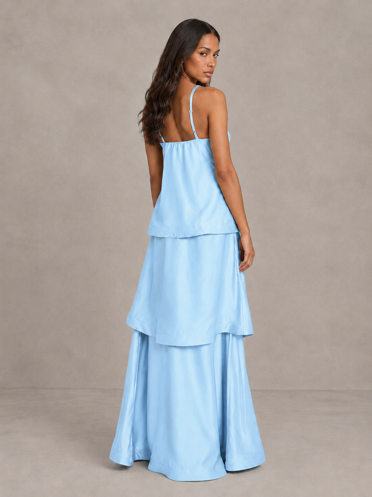 BOLODOO Light Blue Satin Tiered Maxi Dress with Spaghetti Straps - Light Blue